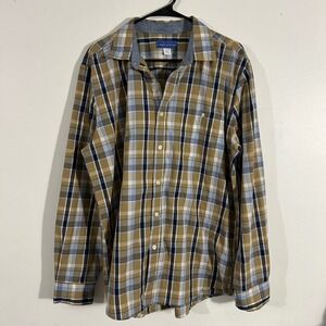 Simply Styled Plaid Button Down Mens Large Tan Blue Excellent Casual Workwear